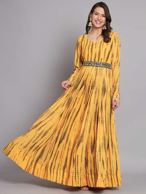 women tie & dye long sleeve fit & flare gown with waist belt - 21983244 - Standard Image - 0