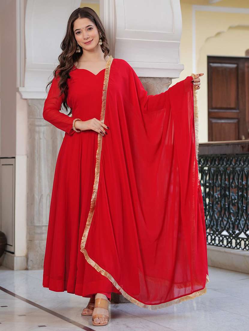 women long sleeve anarkali kurta pant with dupatta set