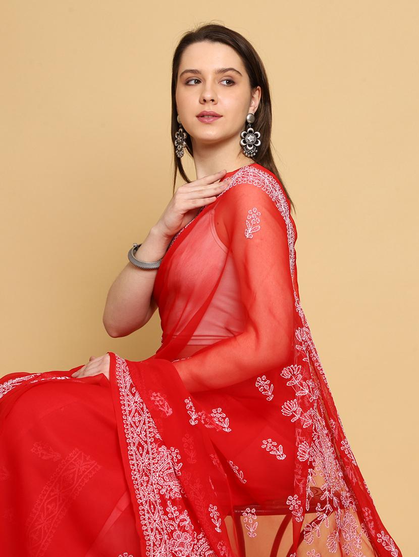 women solid with work chikankari saree with blouse - 21983322 - Standard Image - 5
