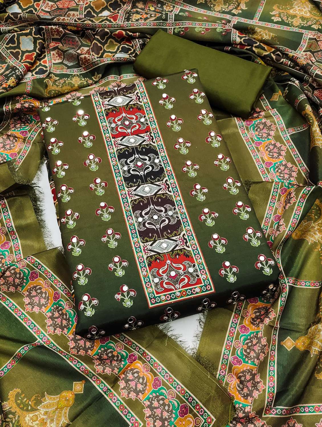 women printed embellished unstitched suit set