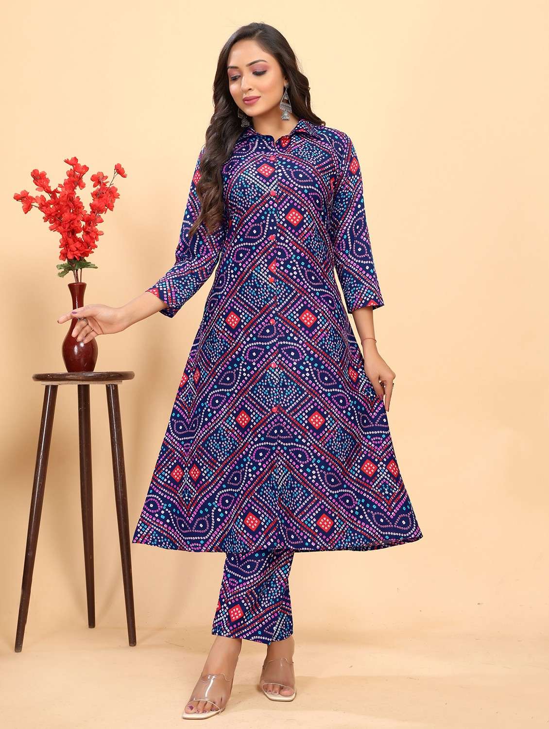 women bandhani printed three quarter sleeve kurta pant set - 21983402 - Zoom Image - 0