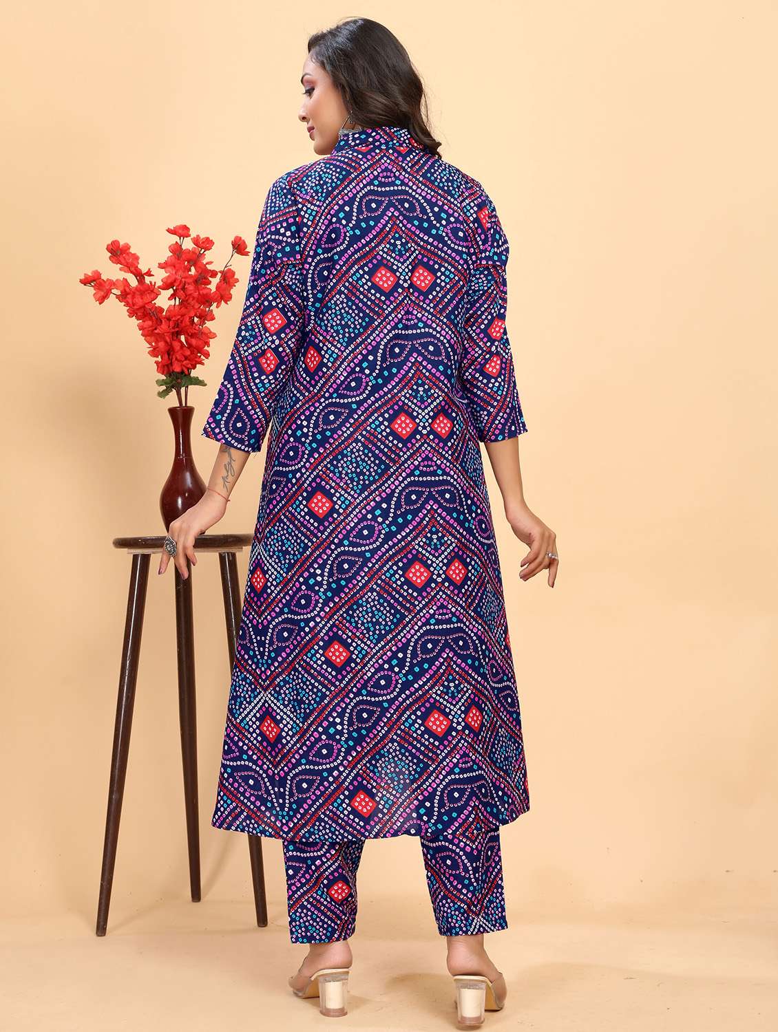 women bandhani printed three quarter sleeve kurta pant set - 21983402 - Standard Image - 3