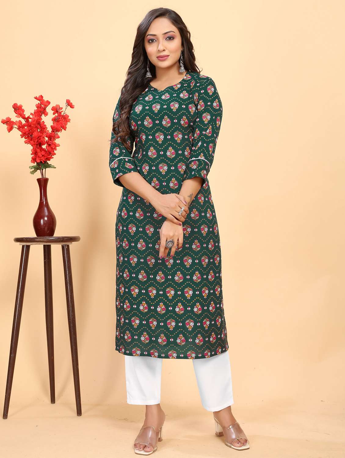 women printed short sleeve kurta pant set