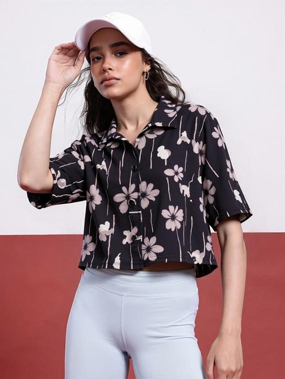 women printed collared short sleeve crop shirt - 21983459 - Zoom Image - 0