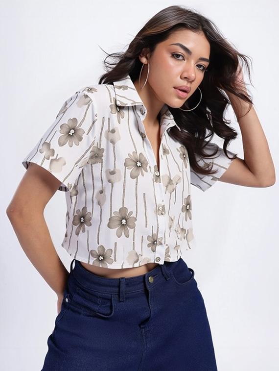 women printed collared short sleeve crop shirt - 21983482 - Zoom Image - 0
