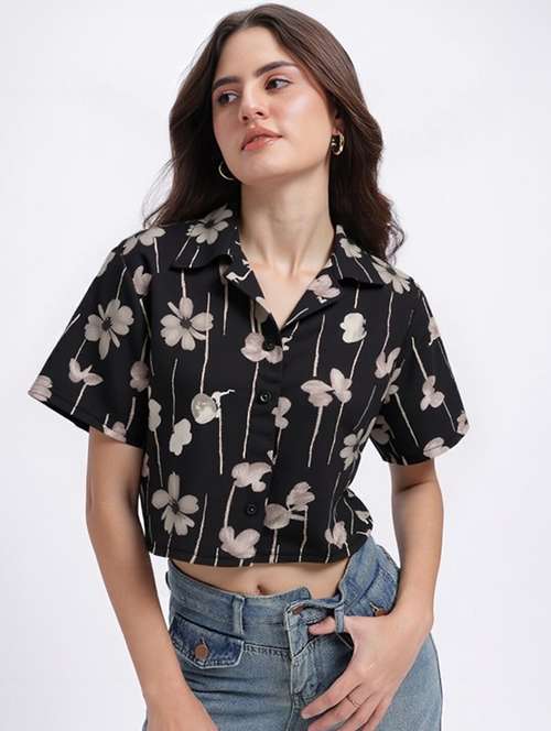 women printed collared short sleeve crop shirt - 21983483 - Standard Image - 0