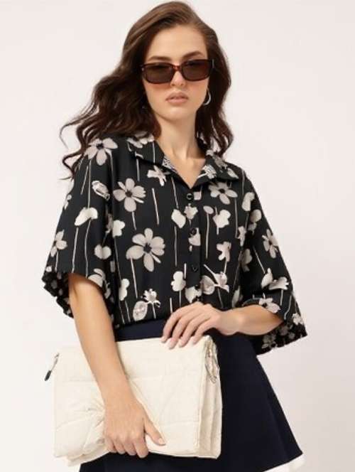 women printed collared short sleeve crop shirt - 21983491 -  Standard Image - 0