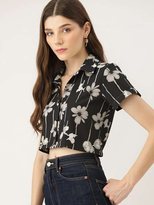 women printed collared short sleeve crop shirt - 21983493 -  Standard Image - 0