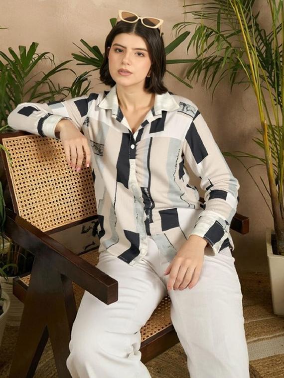 women printed long sleeve collared shirt