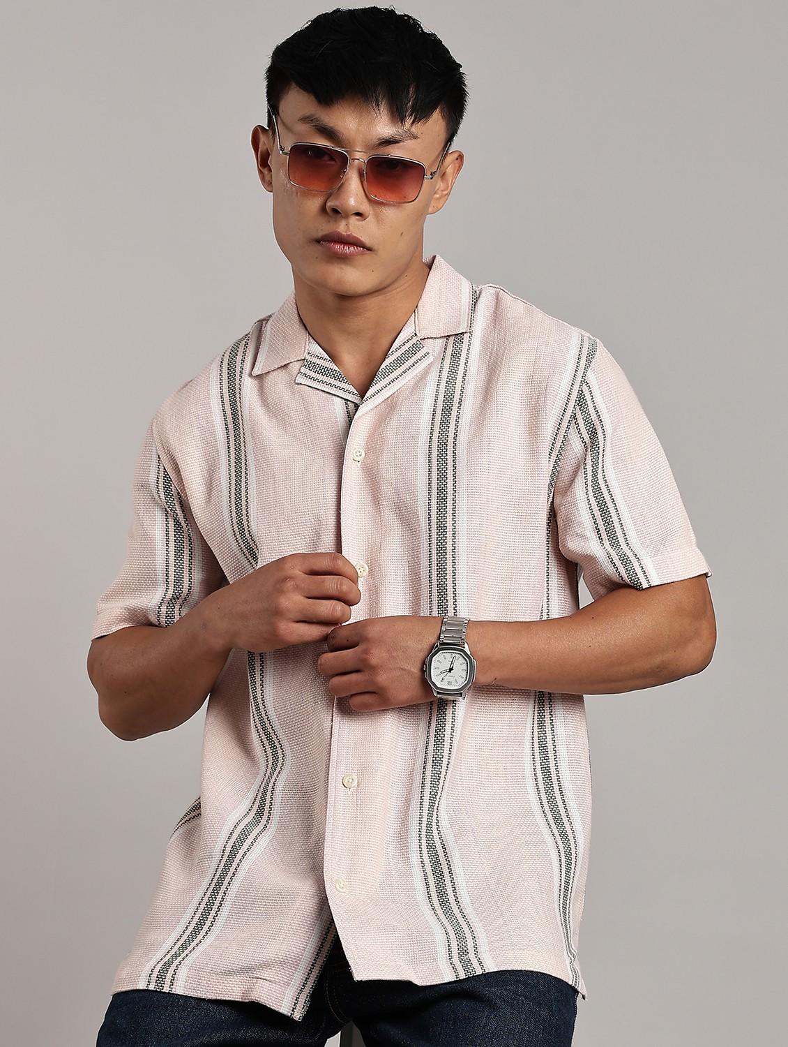 men striped short sleeve loose fit casual shirt - 21983510 - Zoom Image - 0
