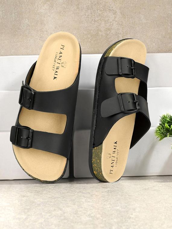 men black solid slip on sandal