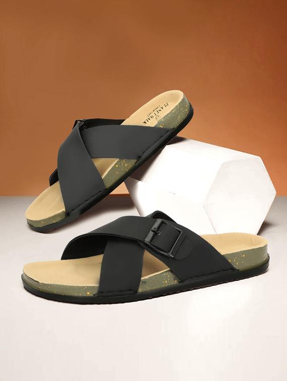 men black solid slip on sandal