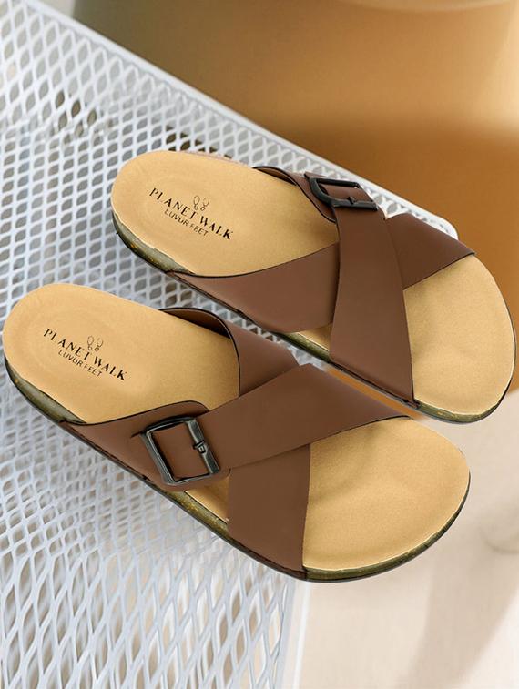 men brown buckled slip on sandal