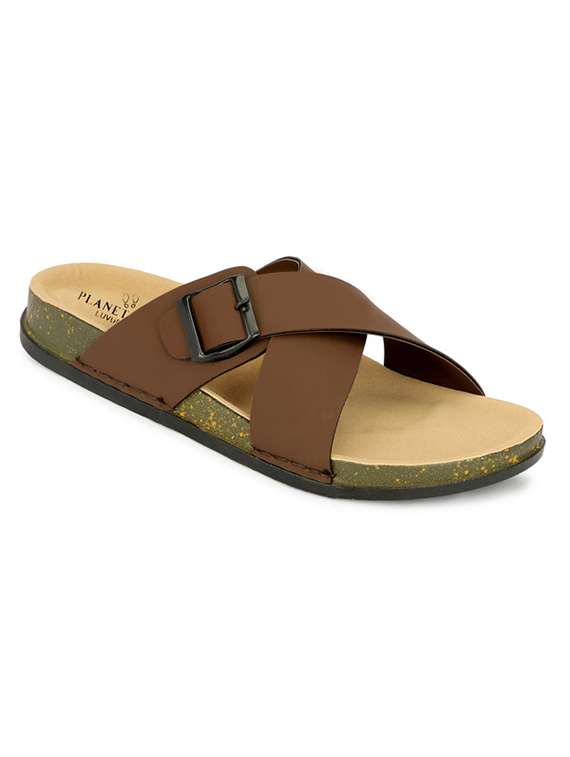 men brown buckled slip on sandal - 21984440 - Standard Image - 3