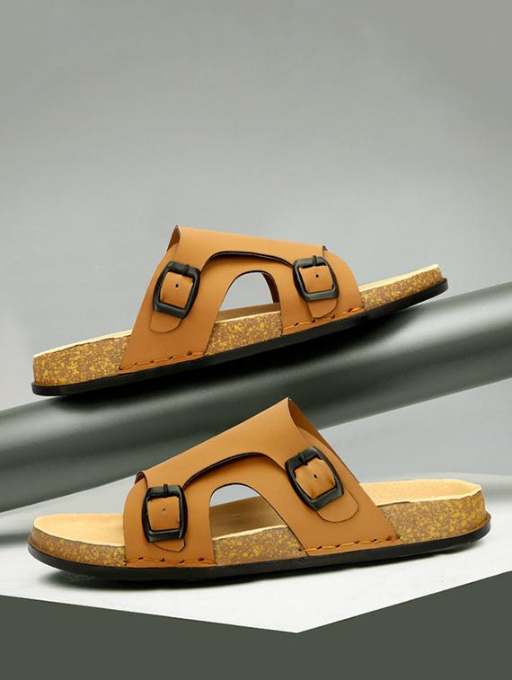 men tan slip on dual strap sandal - 21984443 -  Zoom Image - 0