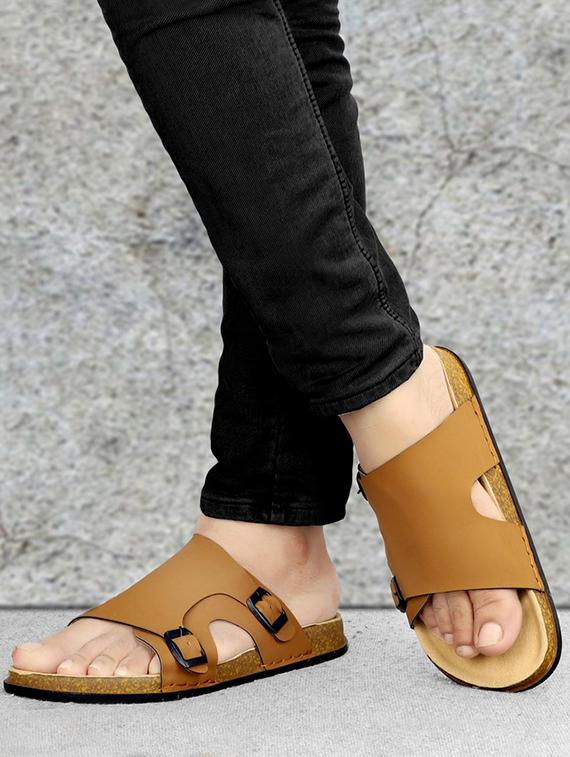 men tan slip on dual strap sandal - 21984443 - Standard Image - 3