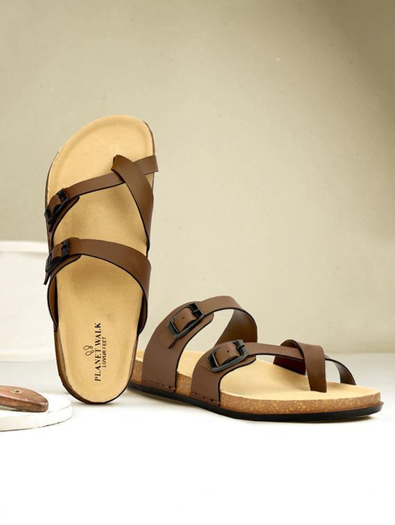 men brown solid slip on one toe sandal