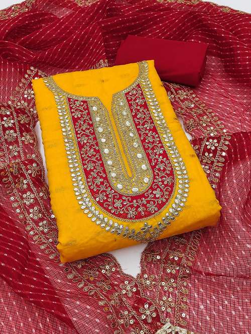 yellow cotton blend unstitched suit - 21984470 - Standard Image - 0