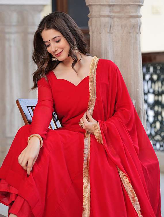 red georgette kurta pant set - 21984569 - Standard Image - 5