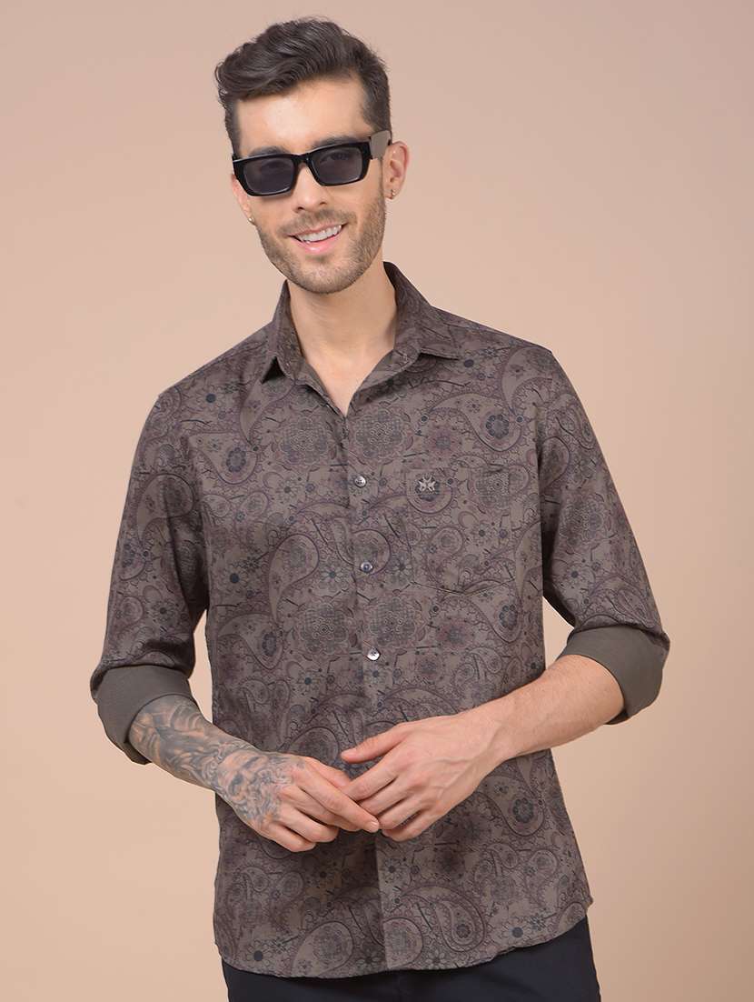 brown cotton blend casual shirt