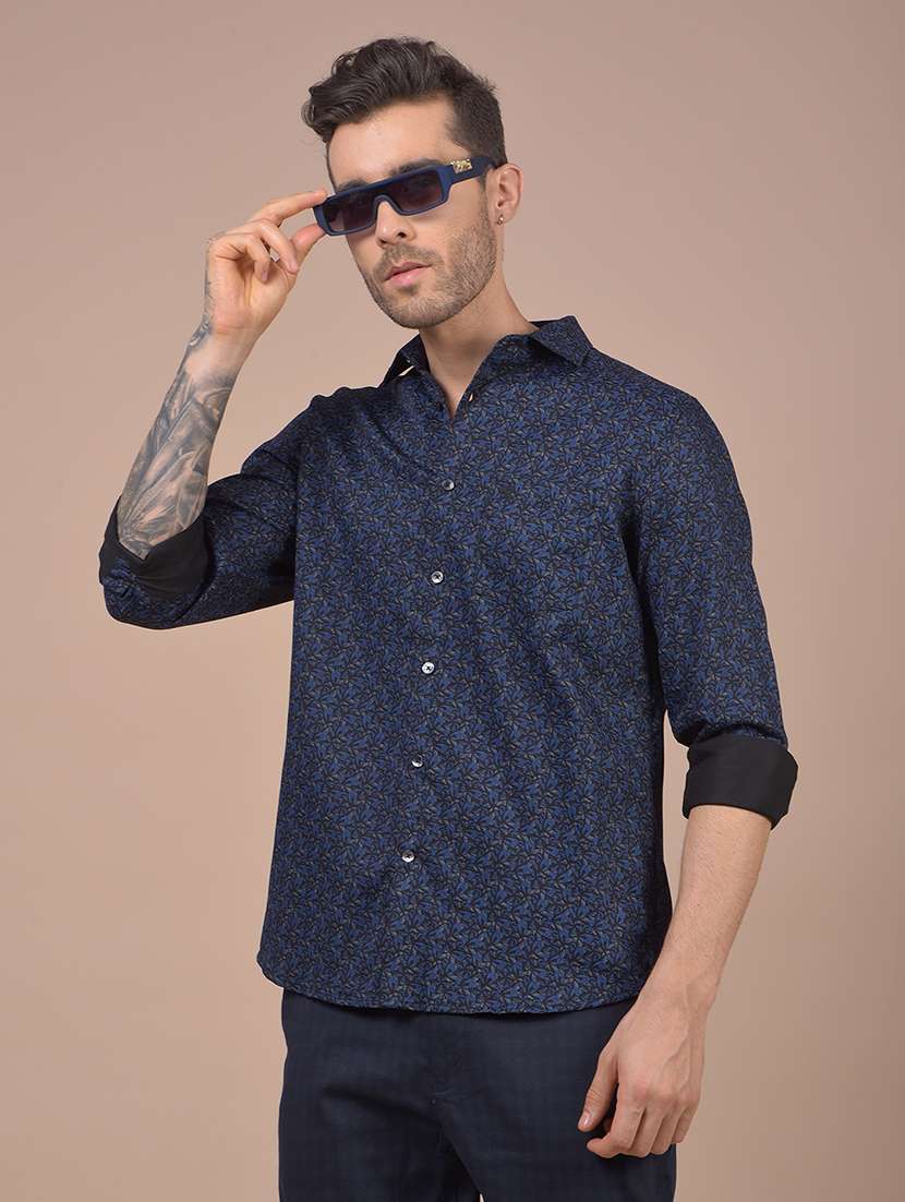 blue cotton blend casual shirt
