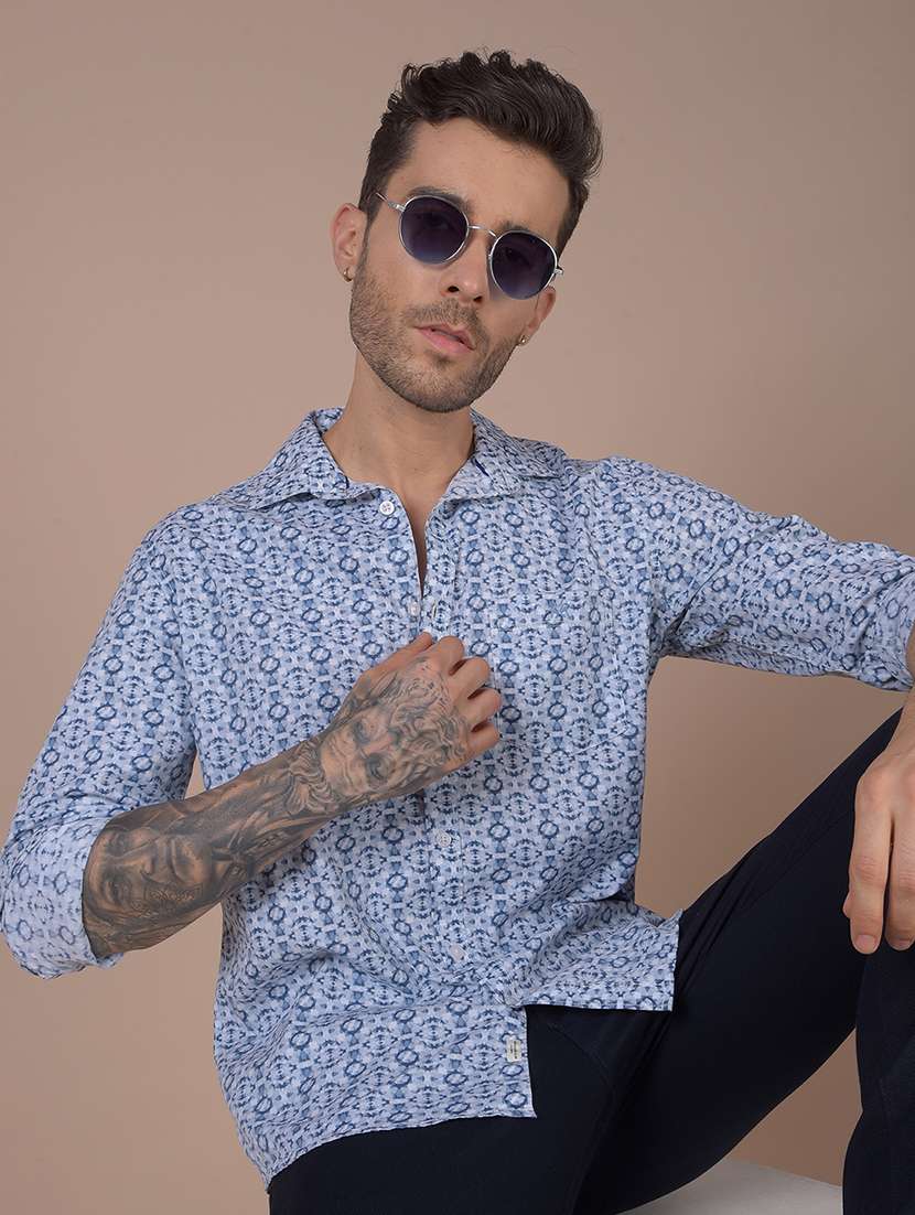 men printed long sleeve slim fit casual shirt