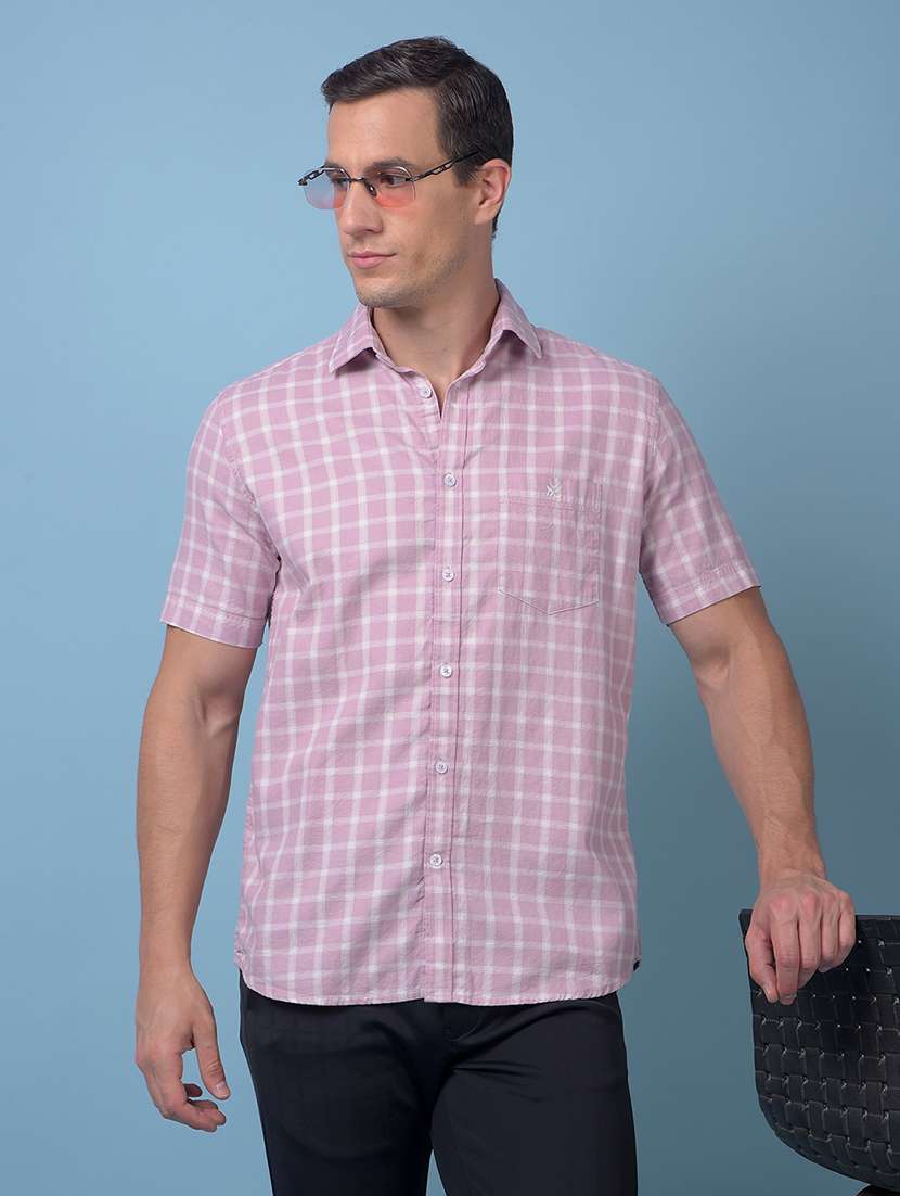 men checkered short sleeve slim fit casual shirt
