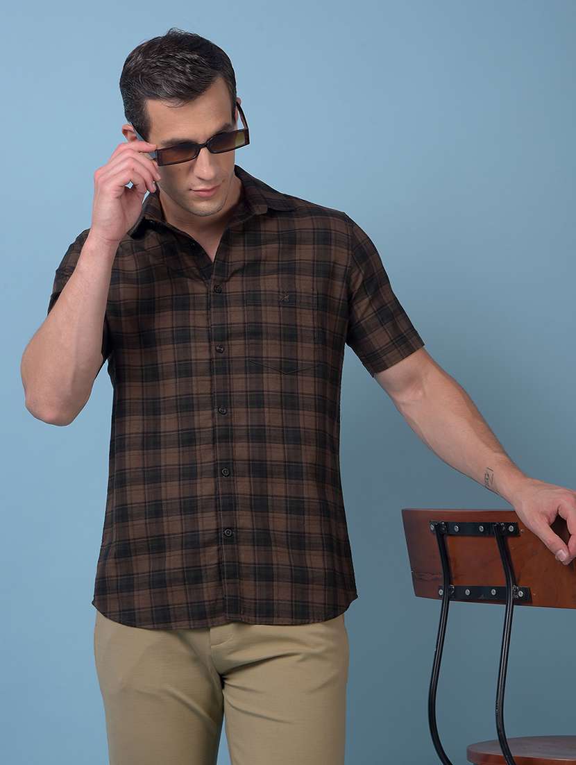 men checkered short sleeve slim fit casual shirt