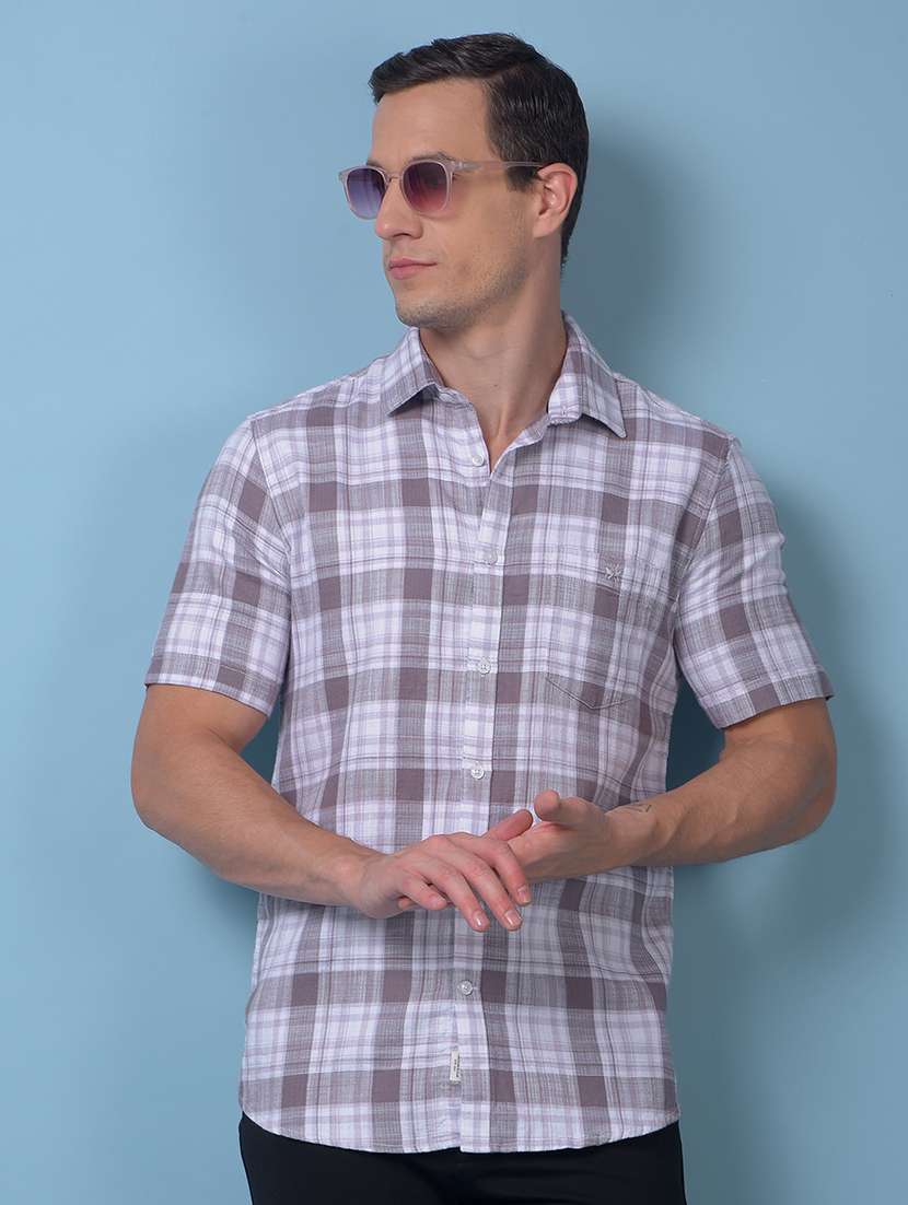 men checkered short sleeve slim fit casual shirt