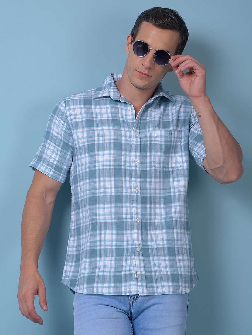 men checkered short sleeve slim fit casual shirt