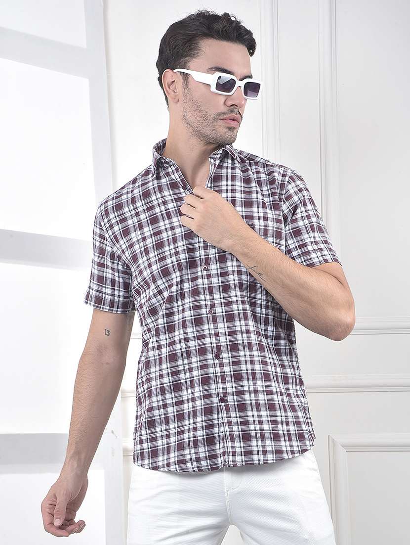 men checkered short sleeve slim fit casual shirt