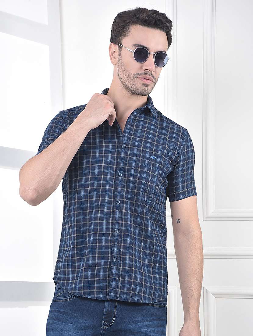 men checkered short sleeve slim fit casual shirt
