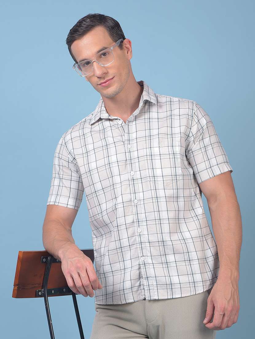 men checkered short sleeve slim fit casual shirt