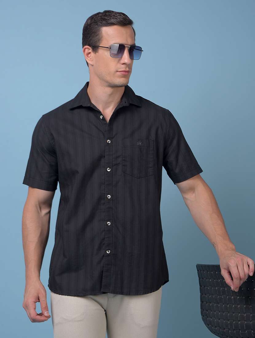 men striped short sleeve slim fit casual shirt