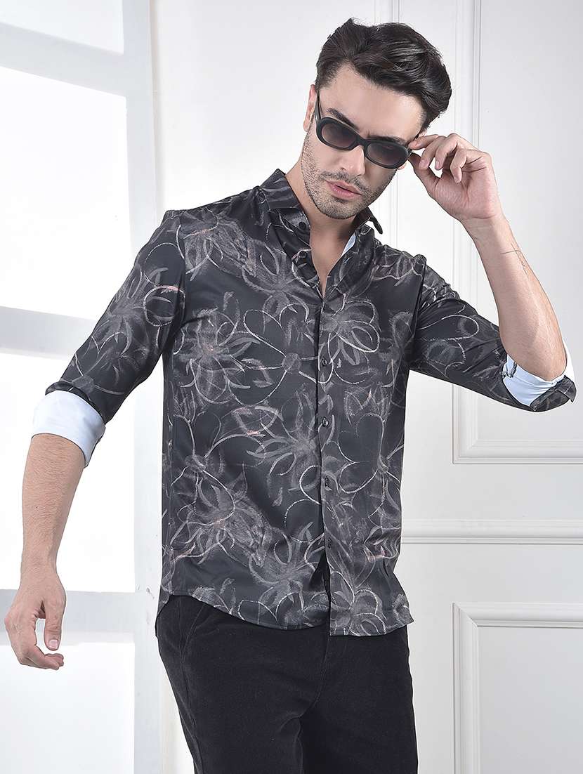 men floral printed long sleeve slim fit casual shirt