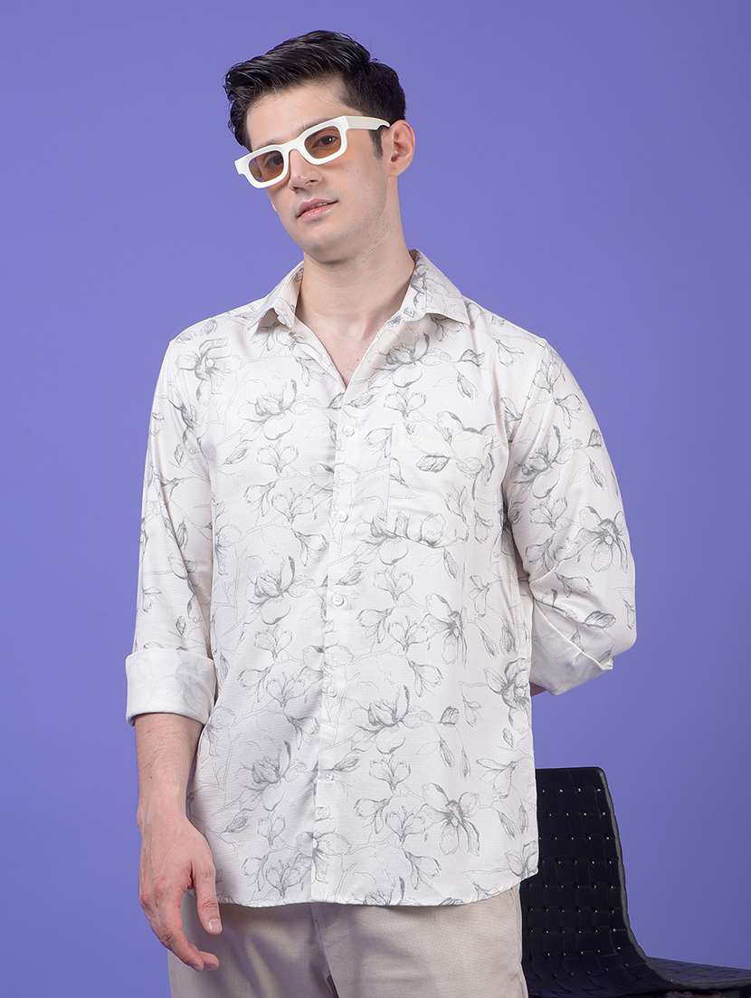 men floral printed long sleeve slim fit casual shirt