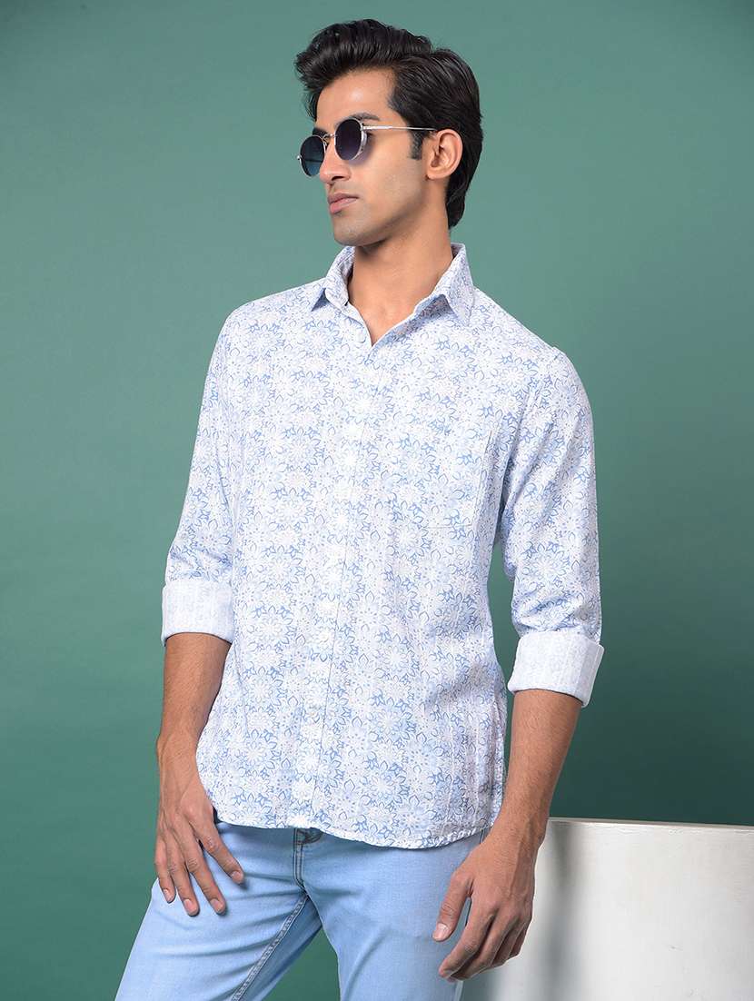 blue cotton blend casual shirt