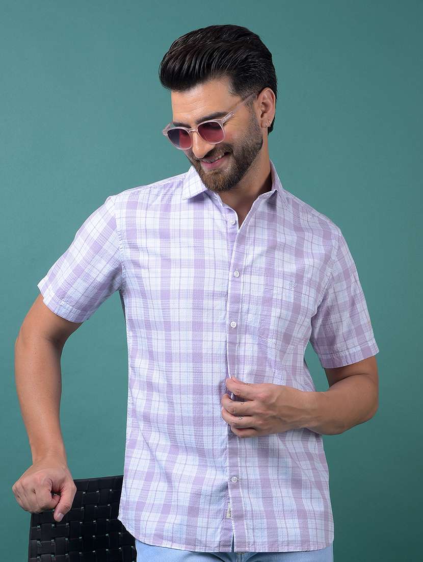 men checkered short sleeve slim fit casual shirt