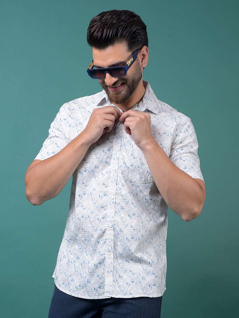 men floral printed short sleeve slim fit casual shirt