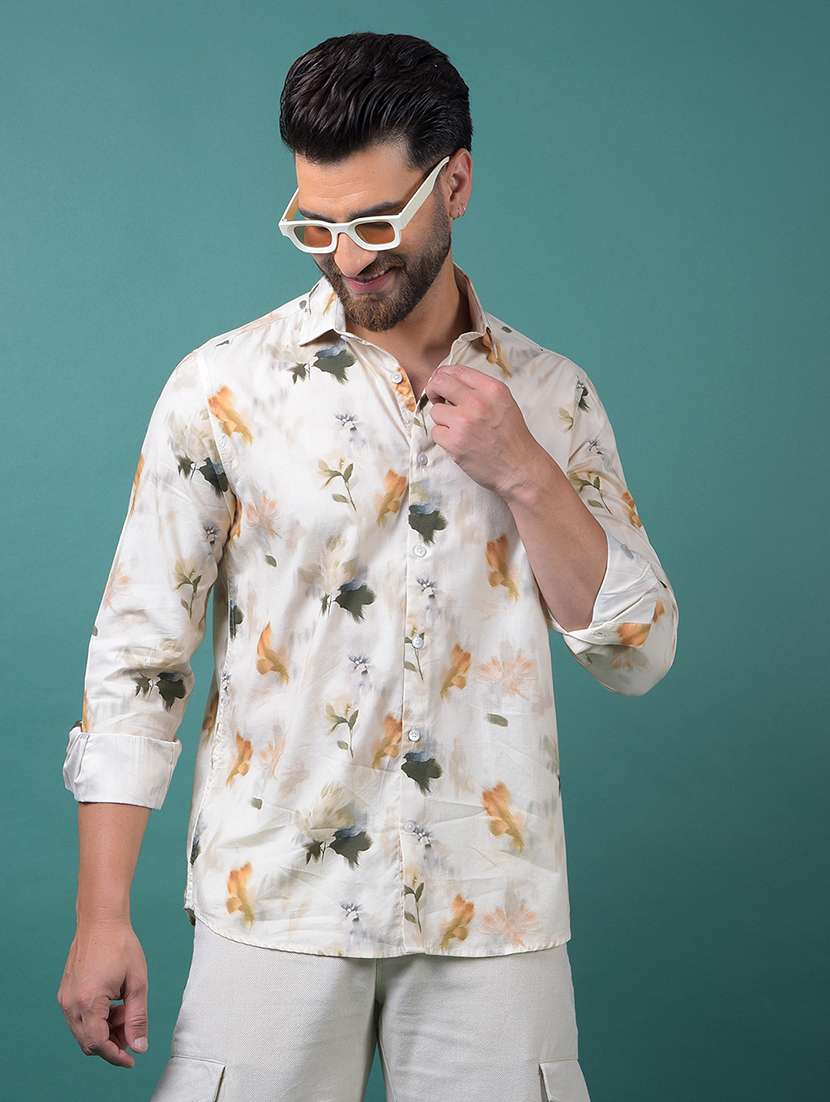 men floral printed long sleeve slim fit casual shirt