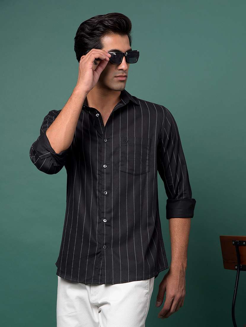 men striped long sleeve collared shirt