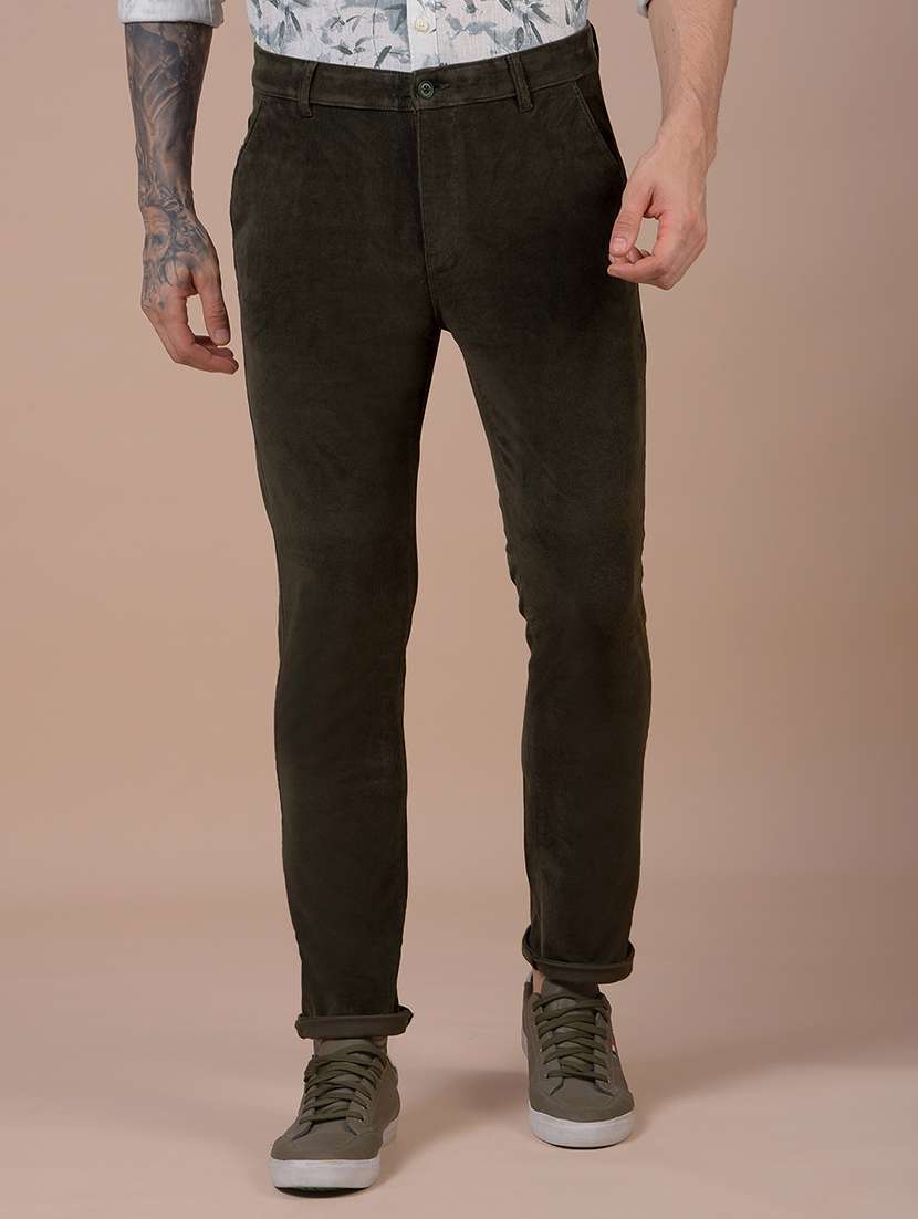 men solid mid rise slim fit corduroy trouser