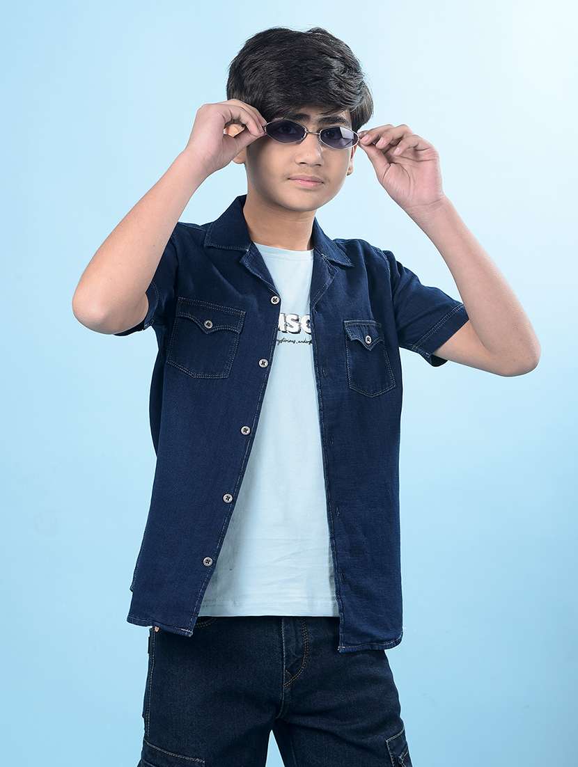 boys solid cuban collared regular fit denim shirt