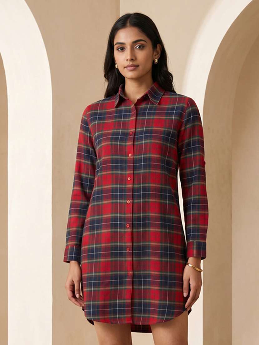 women checkered collared high low shirt dress