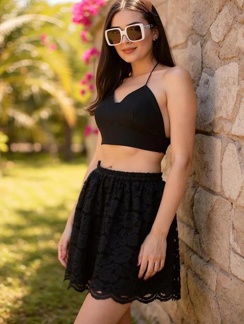 women black high rise flared lace skirt - 21985379 - Standard Image - 0