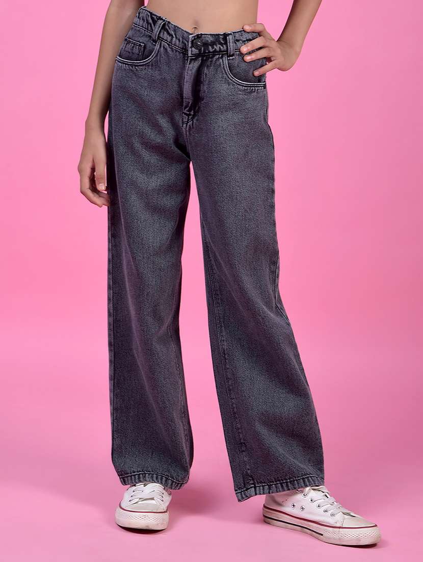 girls solid high rise wide leg jeans