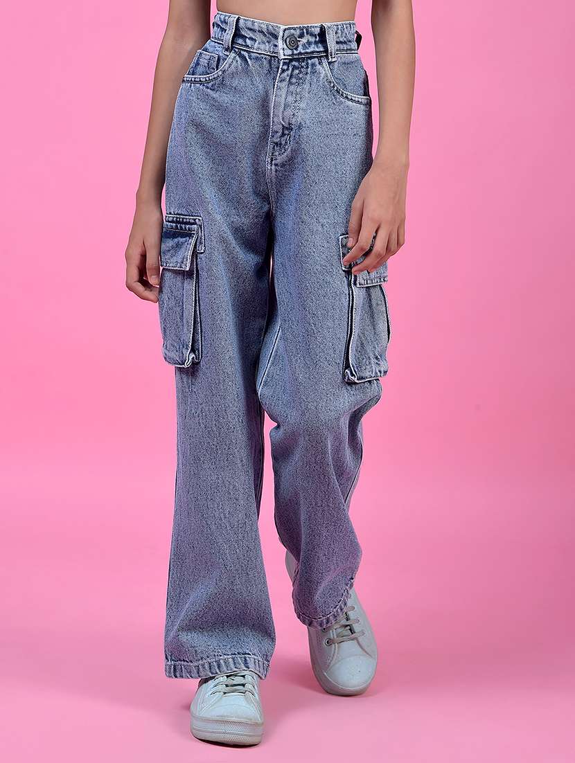 girls solid high rise relaxed fit cargo