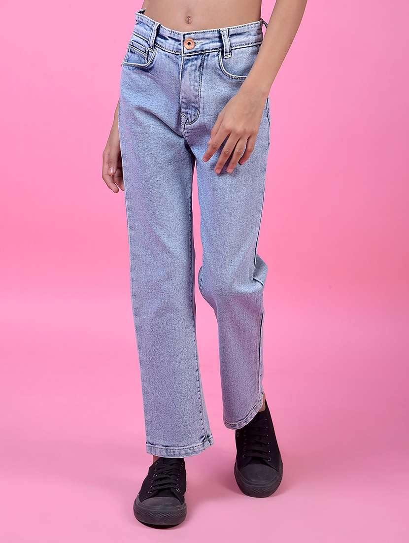 girls solid high rise straight fit jeans