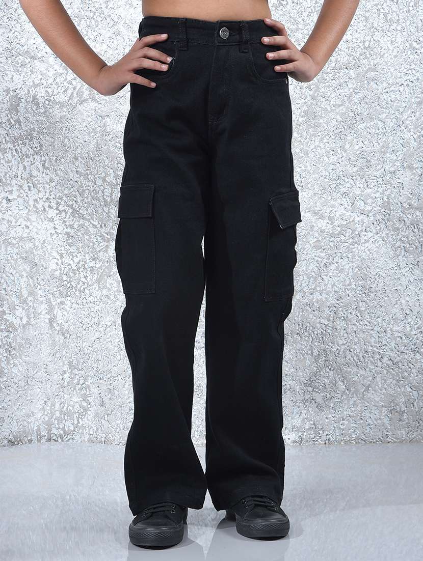 girls solid high rise wide leg jean