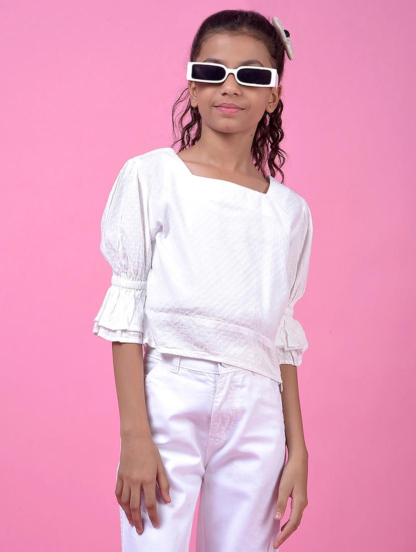 girls white solid puff sleeve top - 21985413 -  Zoom Image - 0